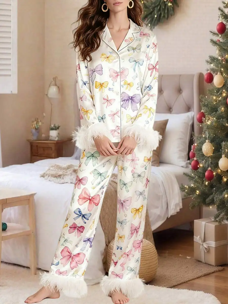 

Women Bow Print Feather Cuff Pajama Set Long Sleeve Sleepwear Two Piece Lounge Set Comfortable Nightwear