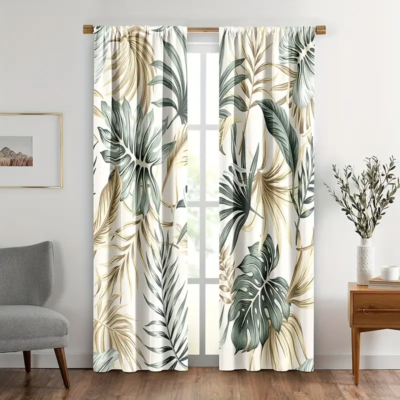 2pcs Palm Leaf Printing Curtain, Rod Pocket Window Treatment For Bedroom Office Kitchen Living Room Study Home Decor, Room Decor