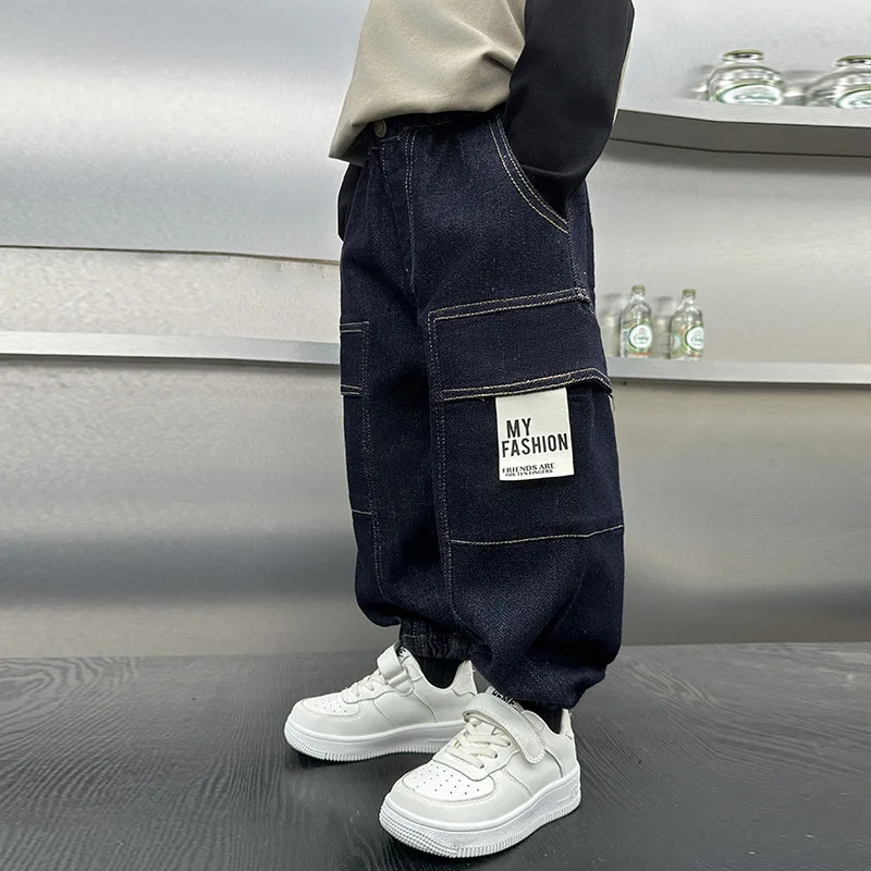 New Spring Autumn Boys Jeans Elastic Waist Pstchwork Children Boys Denim Pants Casual Loose Comfortable Kid Boys Pants 2-10Years