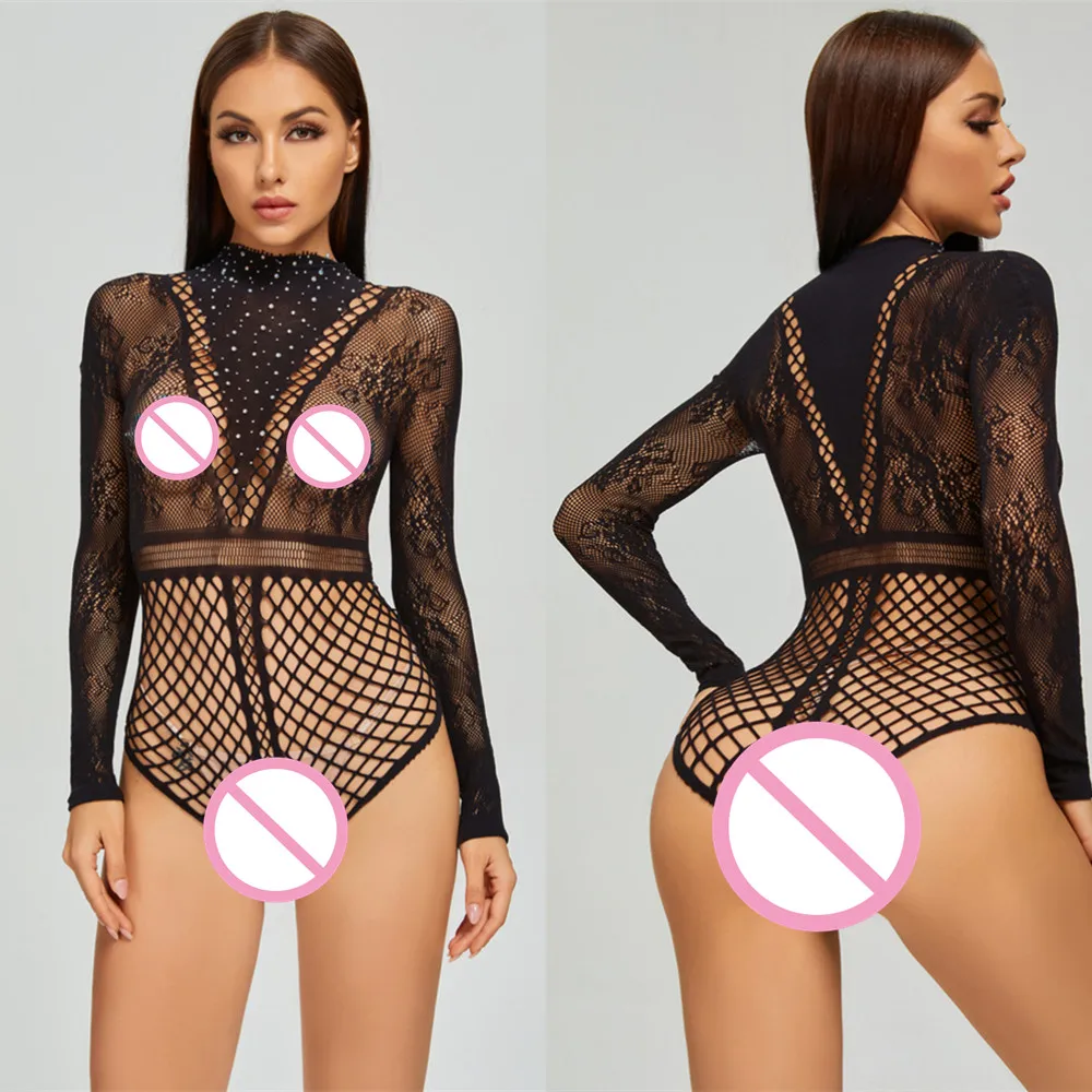 Diamond Fishnet Mesh Sexy Women Jumpsuits Lingerie Long Sleeve See Through Open Crotch Body Tights Exotic Bodysuits Underwear