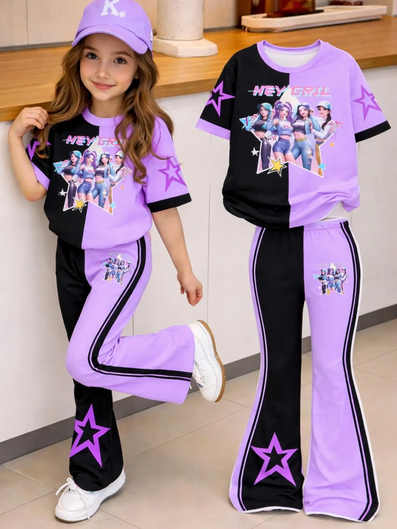 Trendiges 2-teiliges Y2K-Freizeitoutfit für Mädchen, schwarzes, lila T-Shirt mit Cartoon-Grafikdruck, gestreifte Schlaghose mit Sternen-Dekor für S – Detail 3