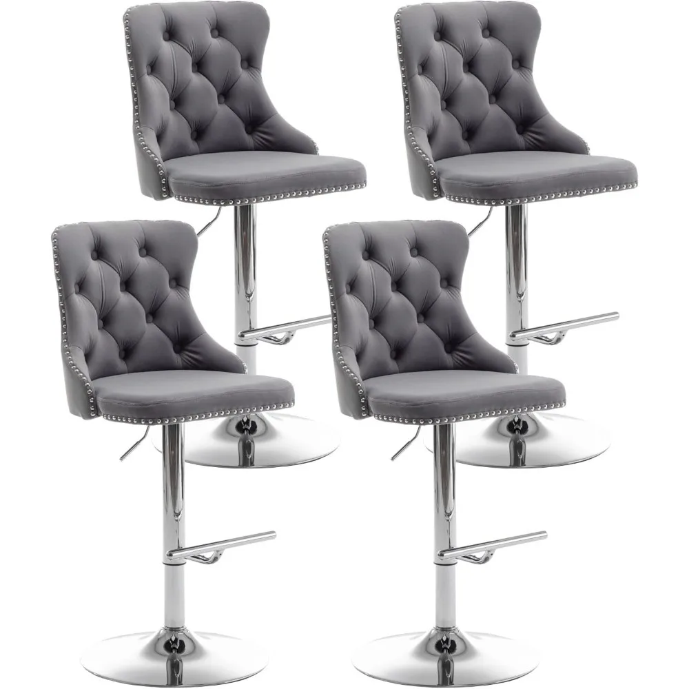 Velvet Bar Stools Set of 4, Counter Height Bar Stools with Button & Nailheads Trim, Swivel Bar Stools for Kitchen Island