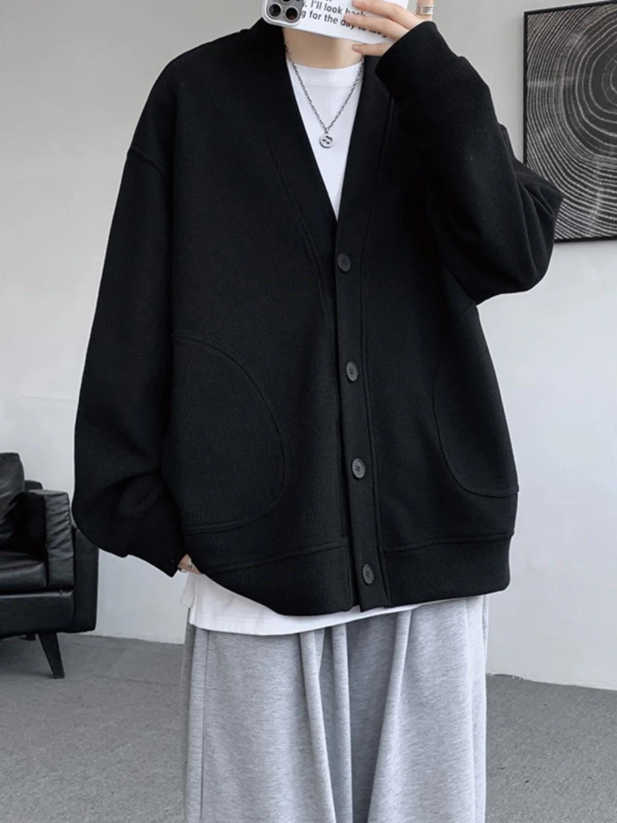 

New Chinese Sle Thiened Lamb Velvet Open Cardigan V-Ne Sweatirt Men's Outerwear Jaet Large Size Winter Faion