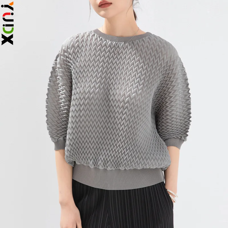 

YUDX Pleated Pullover Round Neck T-shirt for Women 2024 Spring and Summer New Loose Leisure All-Matching Handmade Pleated Top