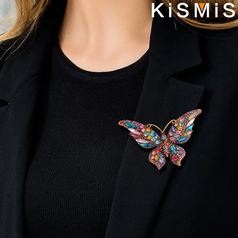 KISMIS 1Pc Retro New Crystal Rhinestone Butterfly Gold-plated Brooch Fashion Animal Insect Ladies Brooch