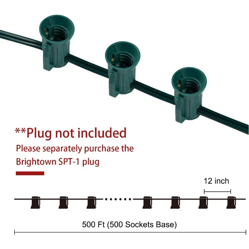クリスマスライトソケットセットスプール、パティオストリングライト、12間隔の緑色のコード、商用、500フィート、c9、e17