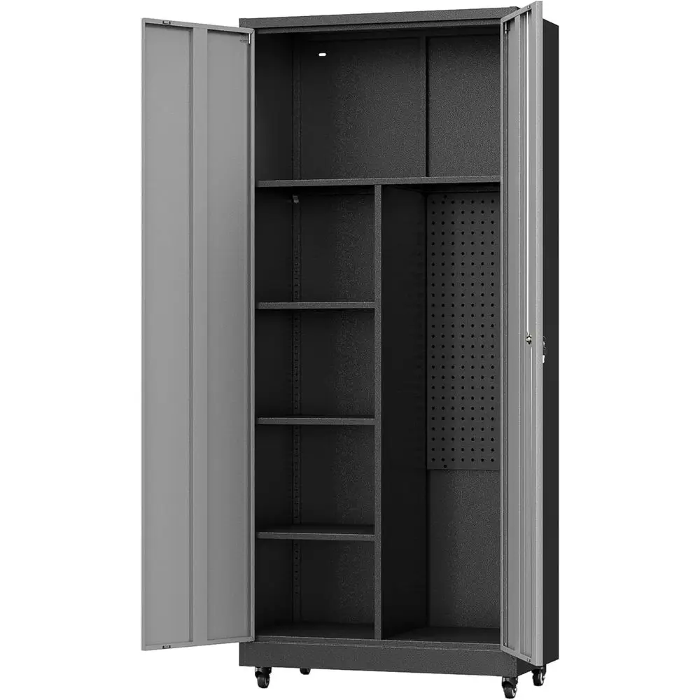 

Мобильный инструментальный шкаф с регулируемыми полками и запирающимися дверцами - черный и серый