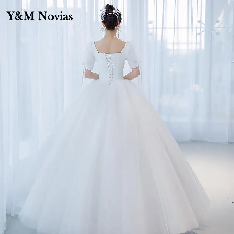 Y & m-Vestido De novia De satén para mujer, traje De novia francés De color marfil, De talla grande, con manga larga, 2022