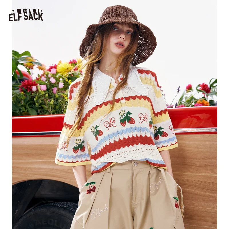 

ELFSACK Women's Sweet Strawberry Fair Isle Knit Top, Lace Collar Openwork Striped Short Sleeve Shirt, Cute Summer Knitwear