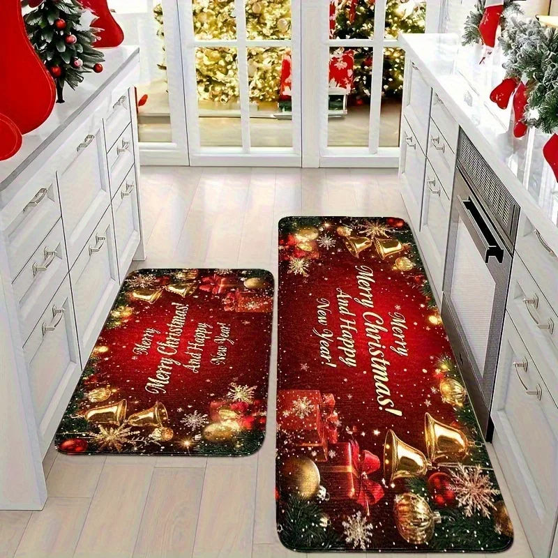 VIKAMA 1/2 Stück Weihnachtsatmosphäre-Bodenmatte, rutschfest, schmutzabweisend, Badezimmermatte, Küchenteppich für Urlaub, Heimdekoration