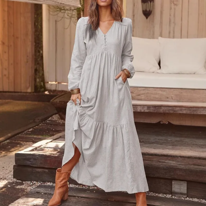 

Women’s Solid Color Cotton Linen V-neck Long Sleeve Casual Trendy Simple Basic Ankle Length Dresses Autumn Spring Female Clothes