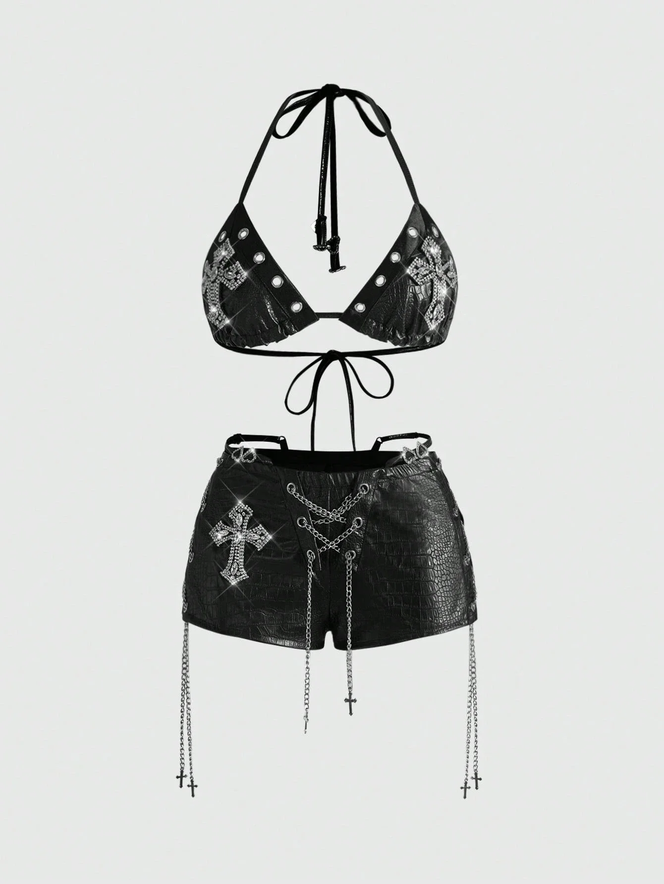 

Women's Biker Bra And Cross Embellished Mini Shorts Set With Chain Decor