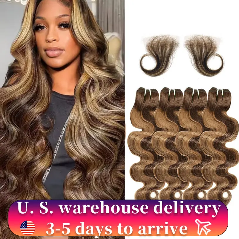 Body Wave Honey Blonde Highlight Human Hair Weave 4 Bundles 100% Brazilian Human Hair Bundle Extensions 4/27 Ombre Color Bundles