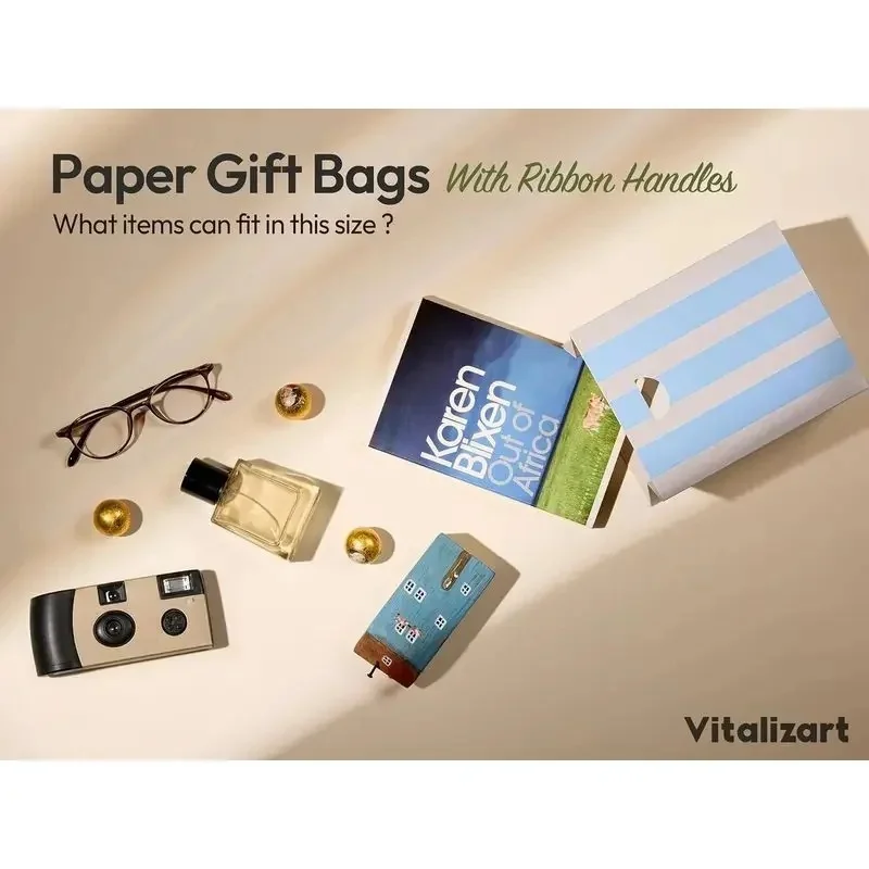 10Set Vitalizart Small Striped Paper Gift Bags Bulk Pack with Ribbon Handles for Party Favors Wedding Birthday
