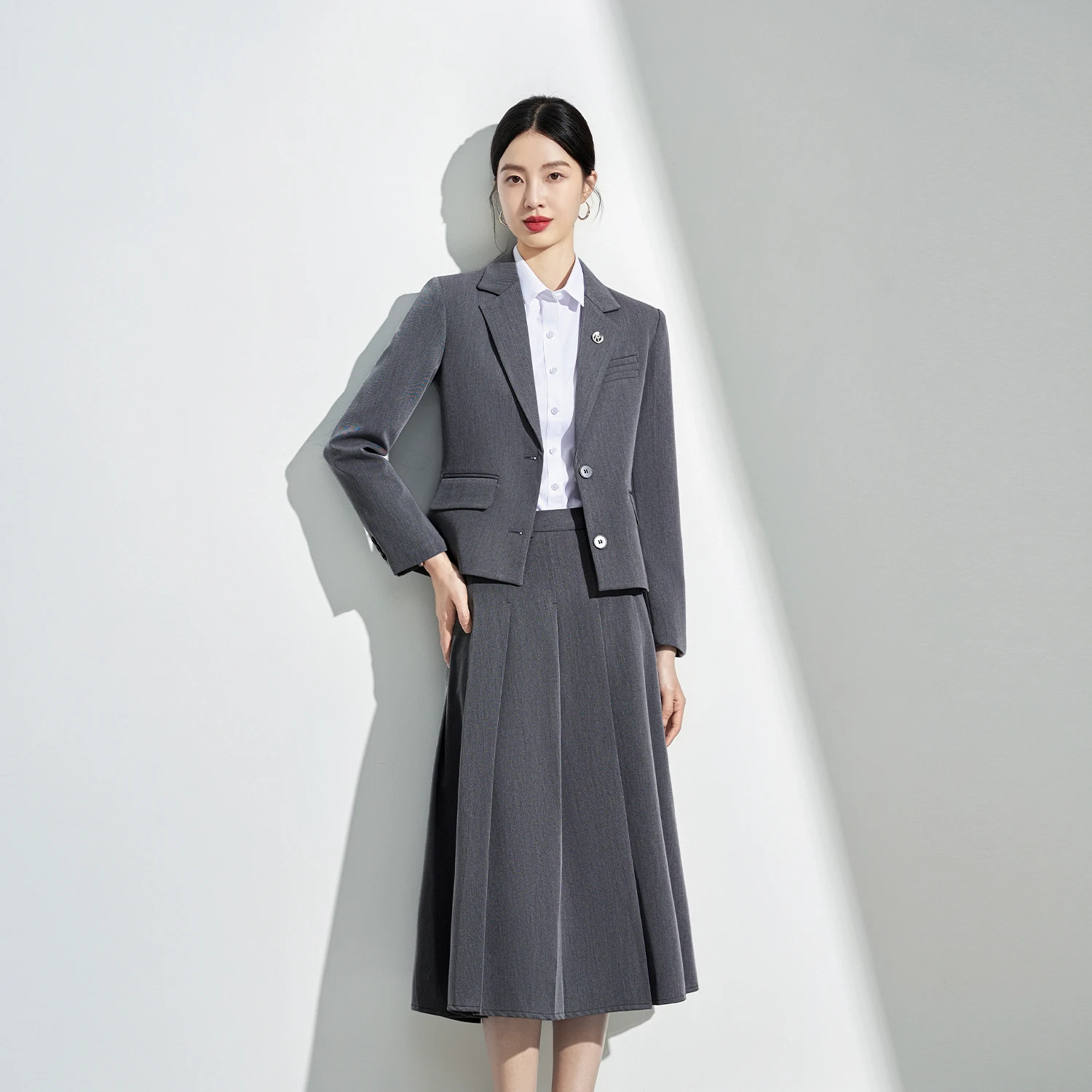 Navu outono elegante senhora do escritório ternos preto cinza gola entalhada manga longa moda profissional casual blazer e uma saia linha