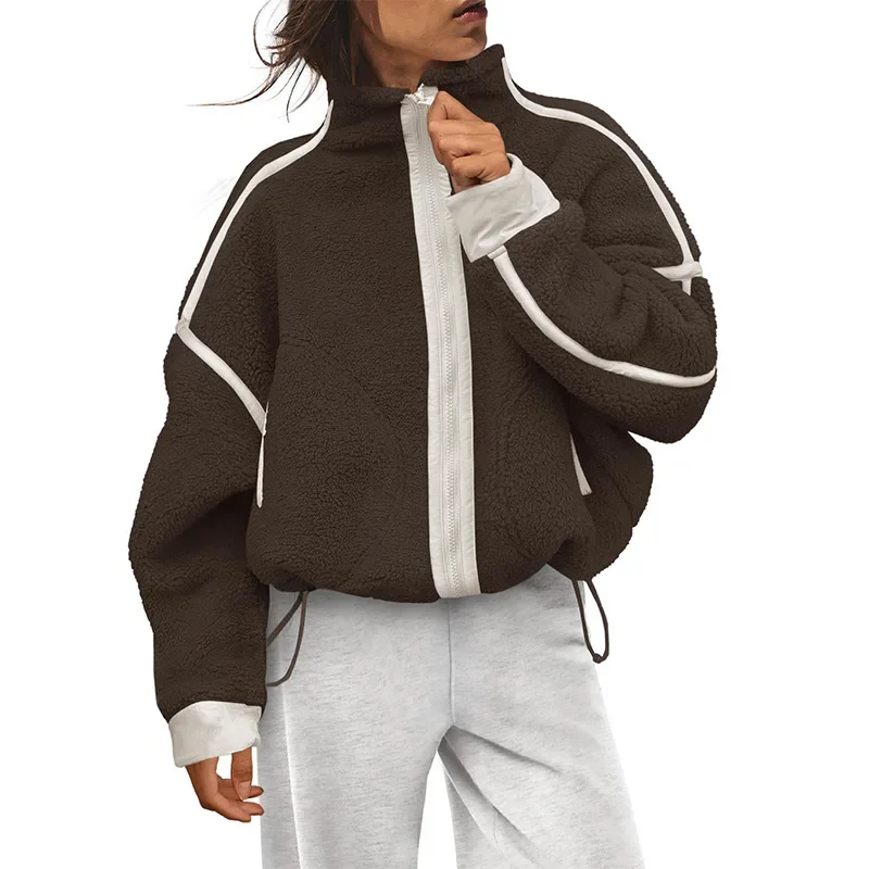 Damen-Fleecejacke mit durchgehendem Reißverschluss, weißem Kontraststreifen, Stehkragen, langen Ärmeln, Kordelzug am Saum, lockerer Schnitt, warme Winterjacke. – Detail 2