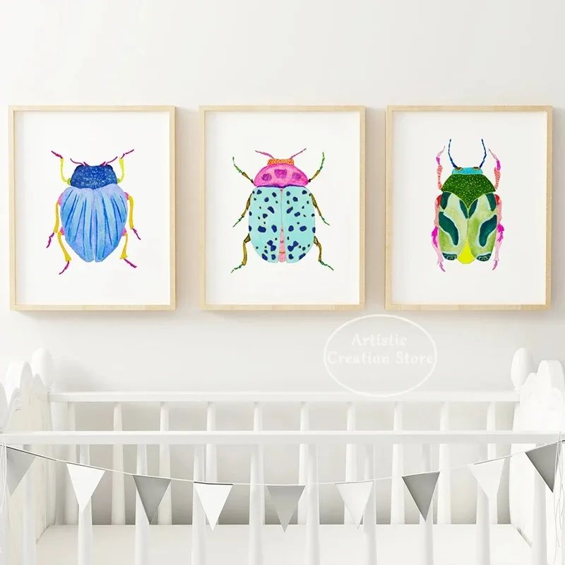Watercolor Bug Beetle Art Print Blue Dragonfly Artwork Canvas Painting Nature Insect Baby Nursery Bedroom Wall Art Home Decor