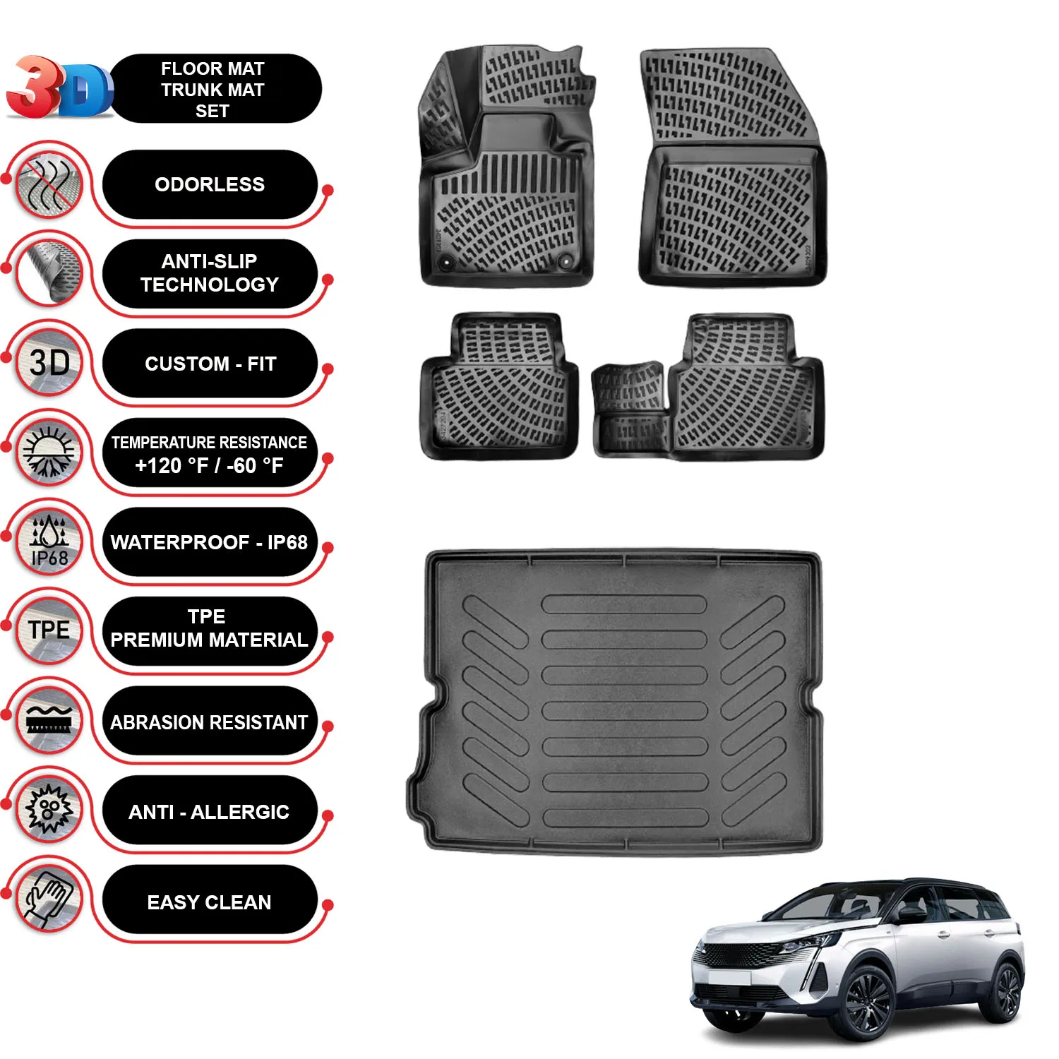 Peugeot 5008 - (2017-2023) - Floor Mats + Cargo Trunk Liner - SET - (Black)