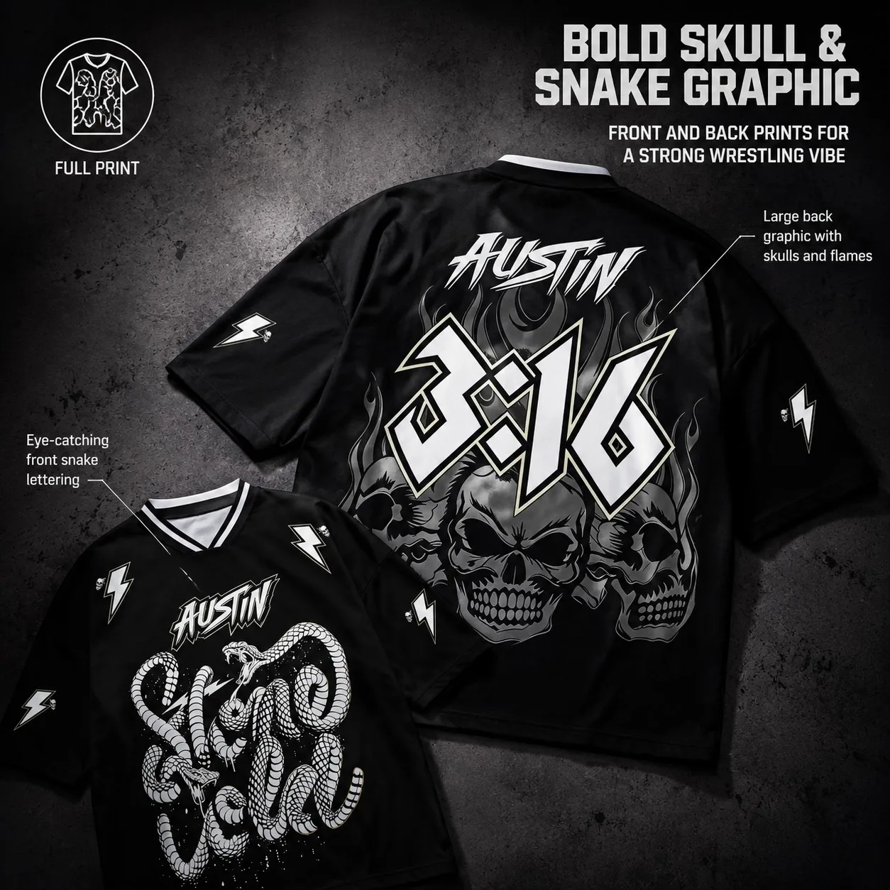 Black And White Skeleton Snake Wrestling Suit V-neck Loose T-shirt 316 Austin Print Quick Drying Breathable Sports T-shirt