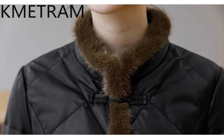 100% جلد الغنم أسفل معاطف النساء جلد طبيعي أسود منتصف طول سترة منفوخة ملابس الشتاء امرأة 2025 ملابس خارجية putaхоovyк