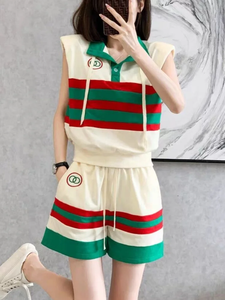 

High Street Fashion Two Piece Sets Matching Outfits Vintage Color Block Sleeveless Turn-down Collar T-shirt and Short Sweatpants