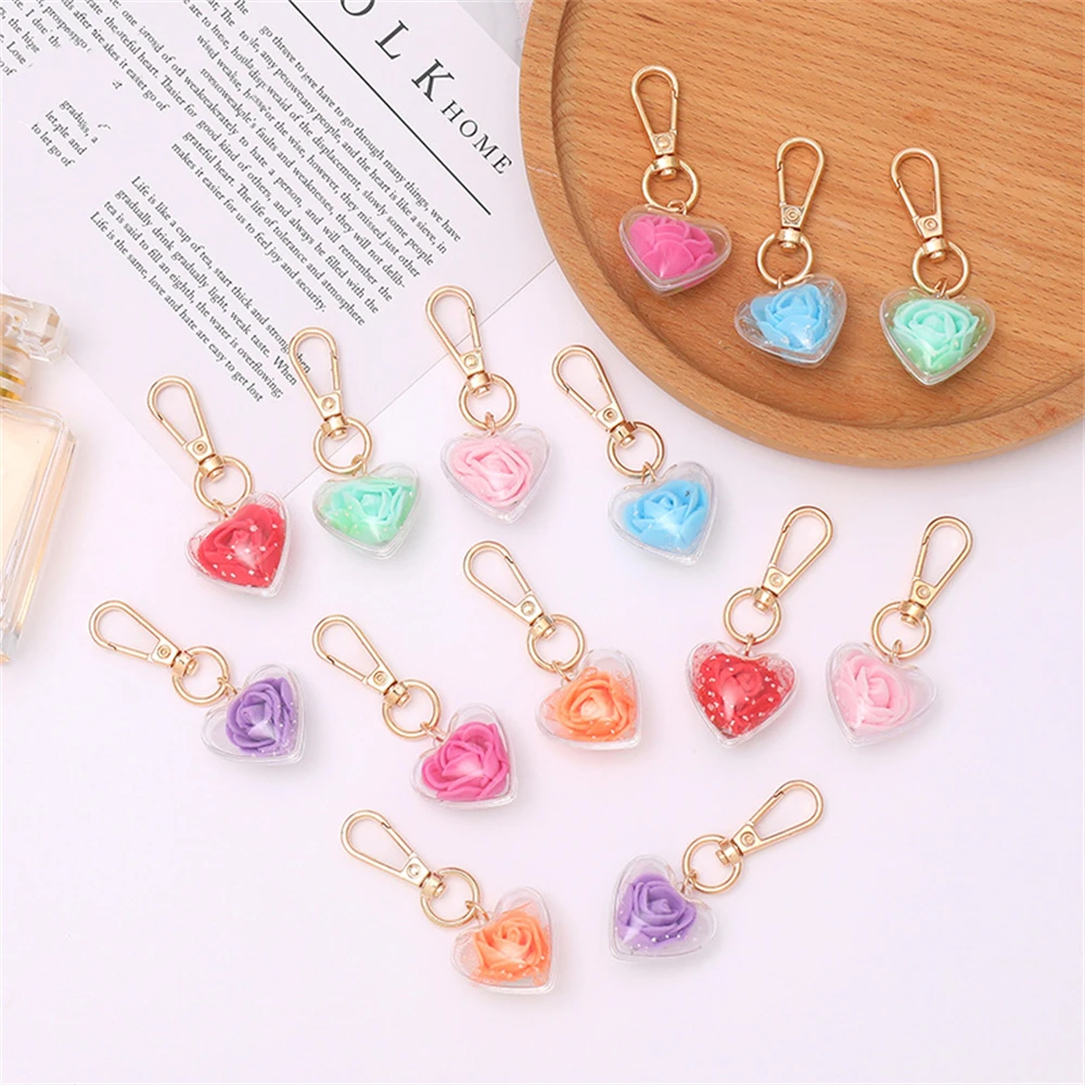 Cute Rose Keychain Love Heart Pendant Eternal Flower Keyring for Women Bag Ornaments Car Keys Accessories Couple Gifts