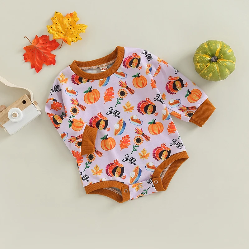 

Infant Unisex Thanksgiving Bodysuit with Festive Turkey Pumpkin Sunflower and Leaves Print Long Sleeve Round Neck Jumpsuit