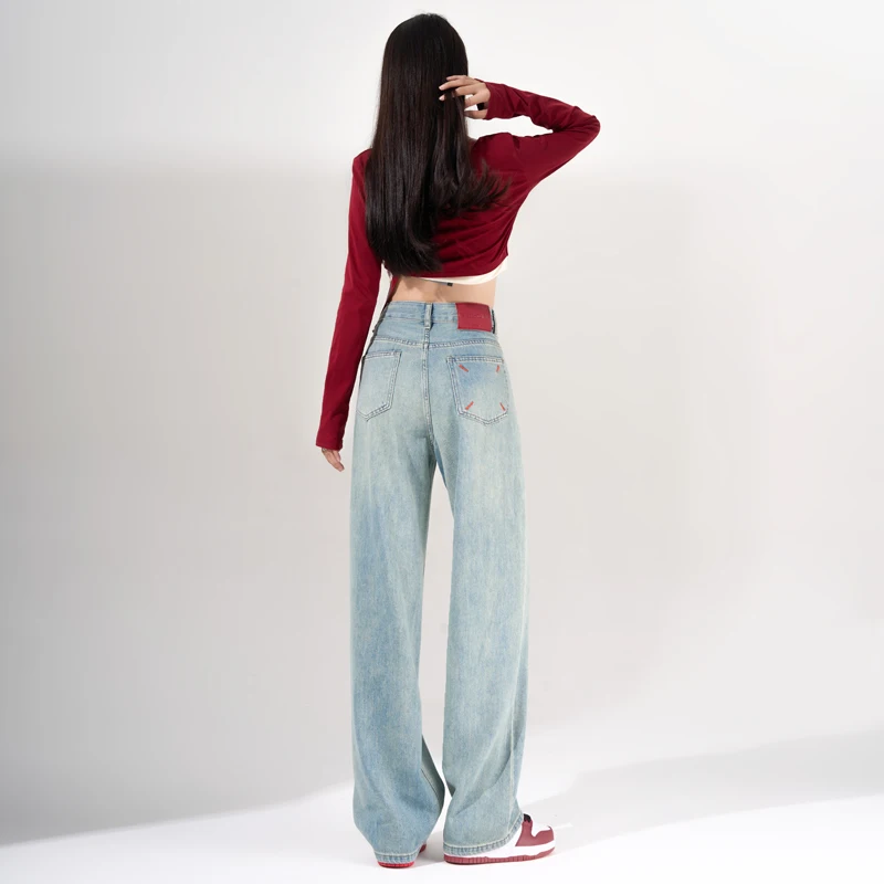 Calça jeans folgada reta casual feminina, calça de perna larga, chique e retrô, jeans folgada, elegante e versátil, verão, nova, 2024