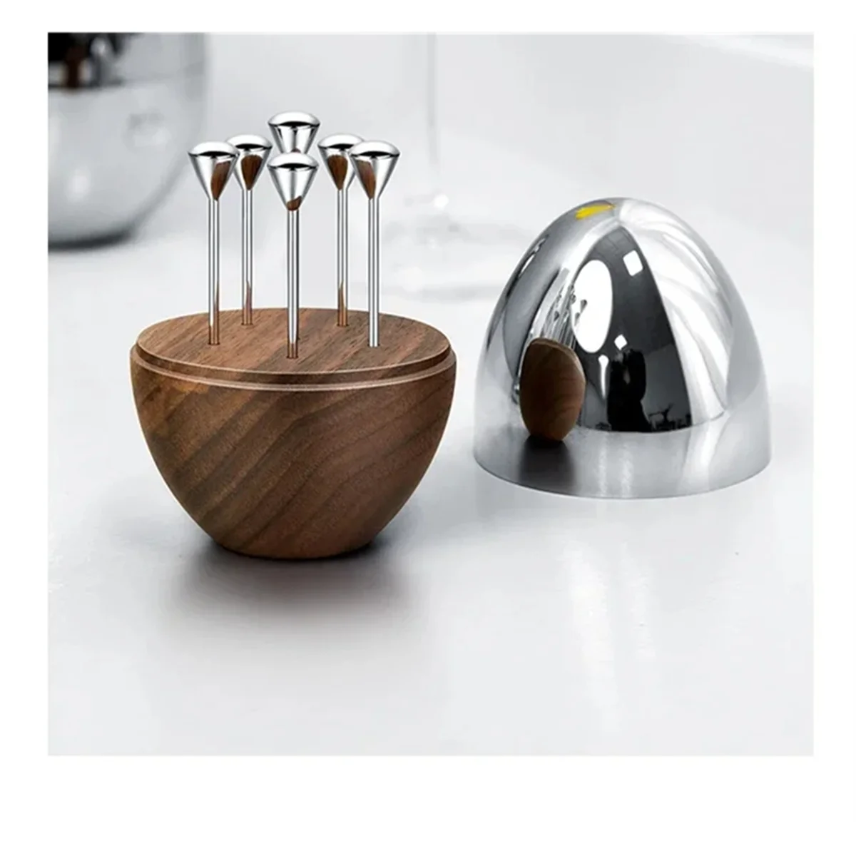 2025 + Porta stuzzicadenti di lusso in acciaio inossidabile Stuzzicadenti decorativo con base in noce per la decorazione della tavola Decorazioni per la casa Bar per feste