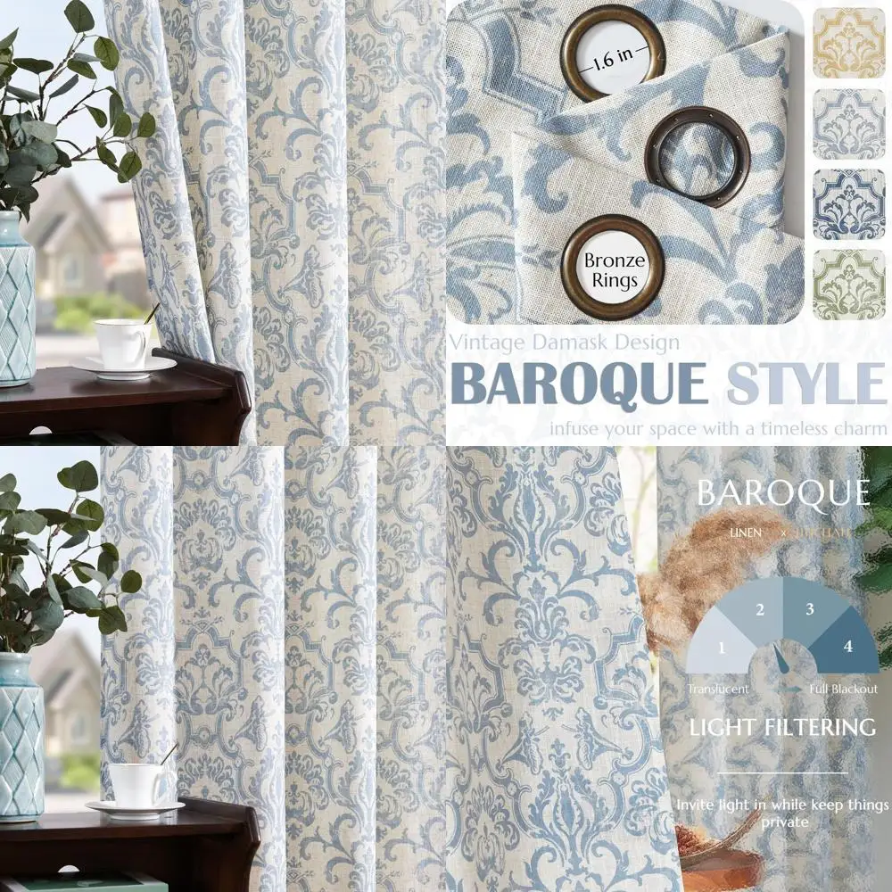 

96 льняных штор в стиле барокко, фильтрация света, комплект из 2 панелей, винтажная дамасская, синий на льном, W52xL96