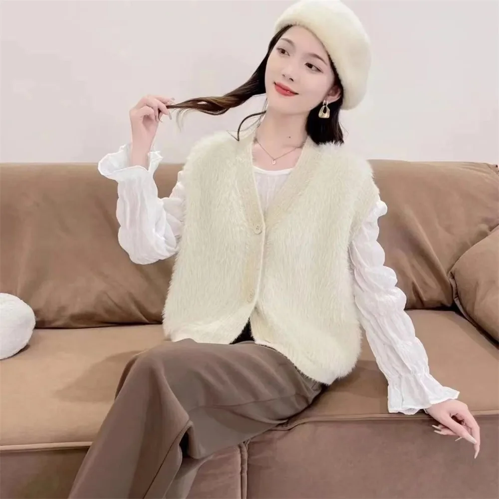 Autumn Winter Soft Warm Color V-neck Sweater Vest Women Outdoor Korean Loose Cardigans Sleeveless Knitted All-match Coat