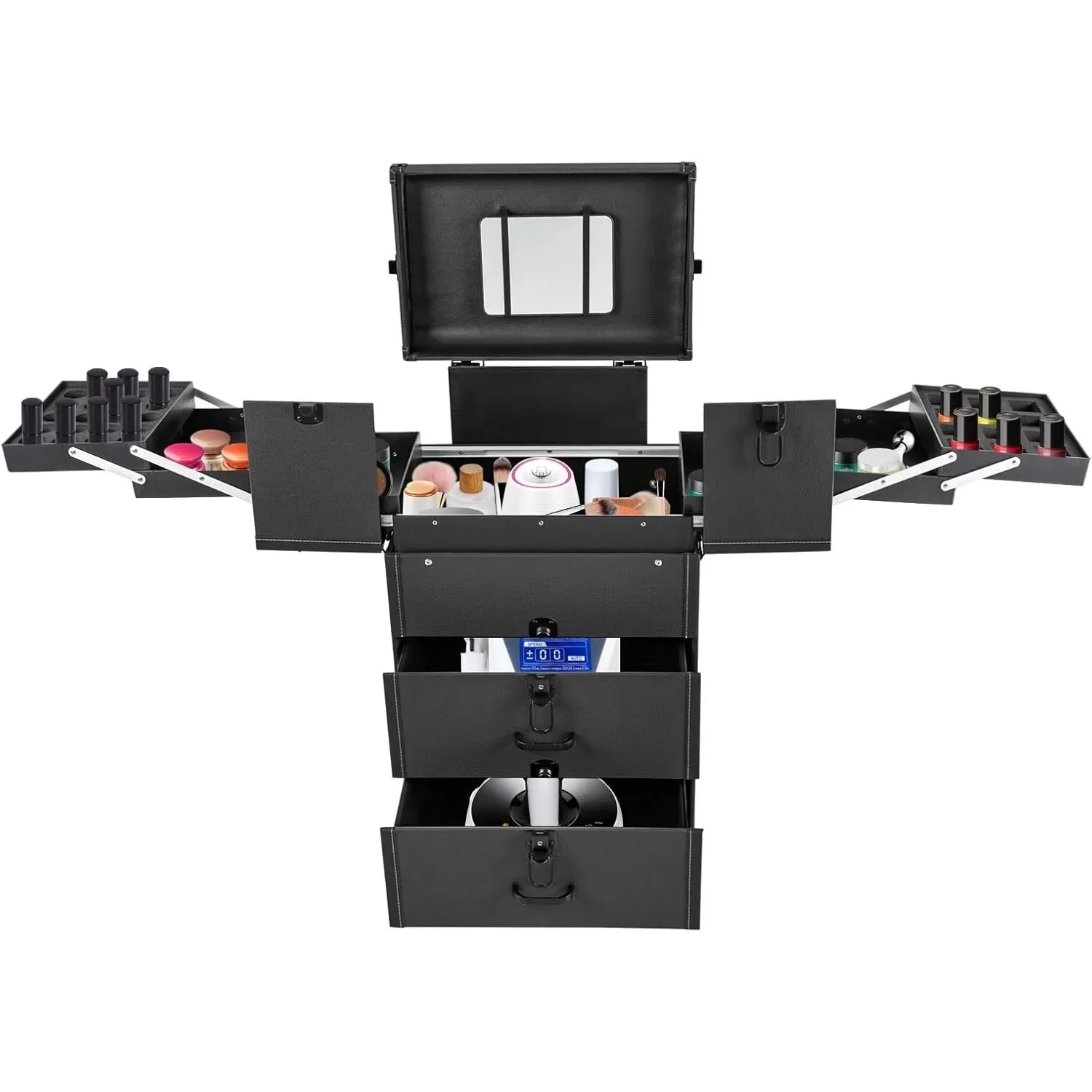 Large Rolling Makeup Case w/Mirror for Professionals,14.57 * 9.45 * 25.98in Lockable Rolling Makeup Train Case,4 Trays&2 Drawers