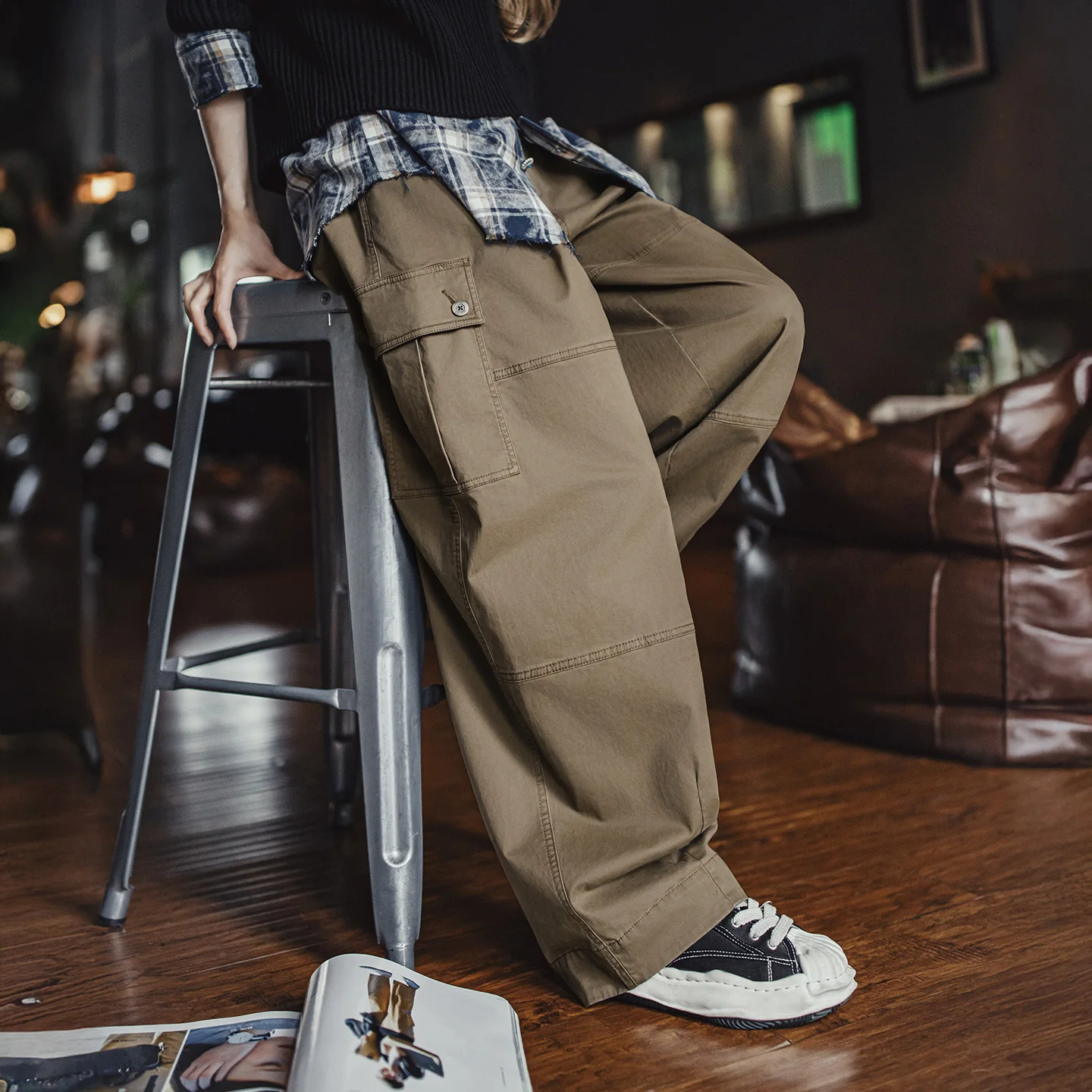 

Maden Женские брюки в ретро рабочем стиле, свободные прямые карго с несколькими карманами, высокая талия, хлопковая саржа, повседневные удобные штаны для весны и осени