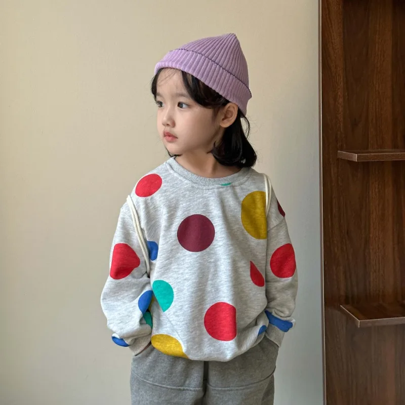 Spring Autumn Boys and girls colorful dot Hoodies unisex Kids soft loose O-Neck sweatshirts children Tops