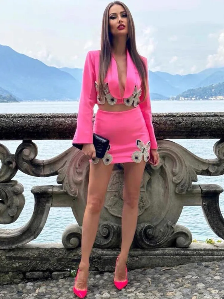 Luxury Diamonds Butterfly Blazer Skirt Outfit Spring Women Long Sleeves Jacket+High Waist Mini Bust Skirt Autumn Two Piece Set