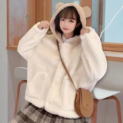 2024 Autumn Women Button Up Hoodies Kawaii Bear Ears Hooded Casual Pocket Hoody Warm Cute Plush Fleece Drawstring Sweatshirt