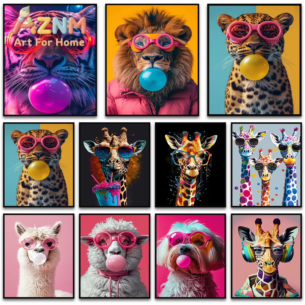 Funny Color Animal Bubble Posters Canvas Painting Prints Cute Giraffe Tiger Sheep with Glasses Wall Art for Home Cafe Bar Decor