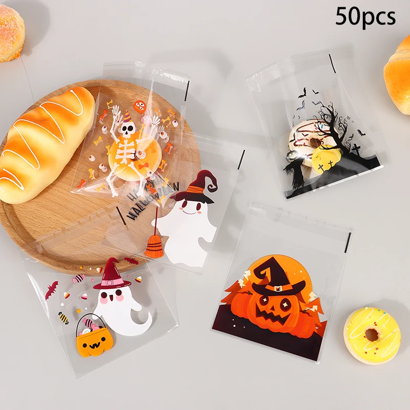 New 50Pcs 6-In-1 Halloween Candy Packaging Bag Ghost Festival Party Gift Self Sealing Trick Or Treat Halloween Snack Gift Bags