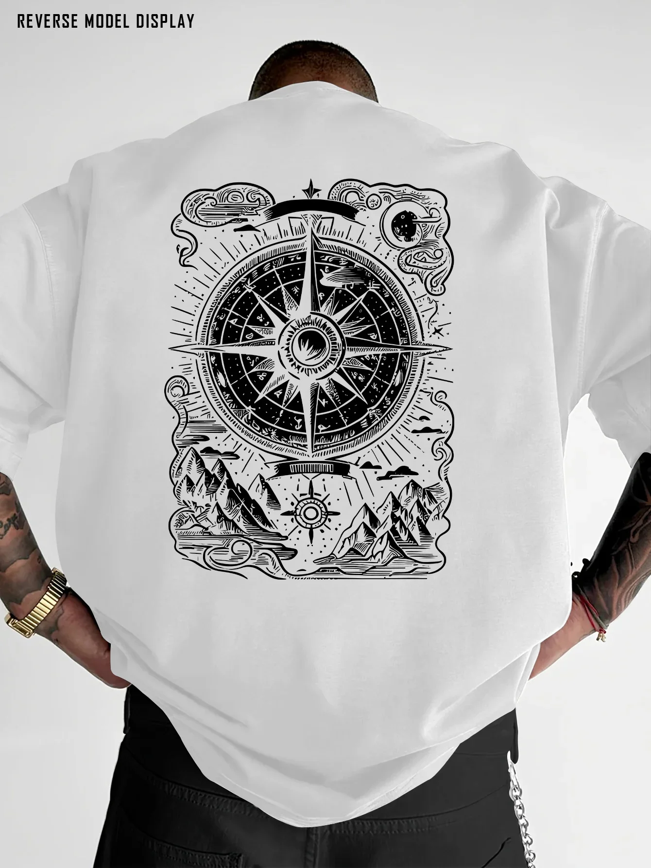 Summer men's casual loose T-shirt, American retro compass mountain print short-sleeved pure cotton comfortable top