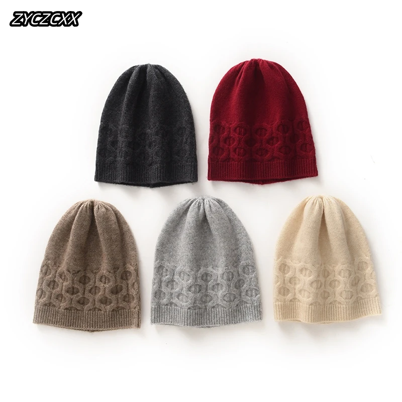 

ZYCZCXX Winter New Women's Jacquard Hat 100% Pure Goat Cashmere Knitted Hat Women's Casual Outdoor Warm High Quality Hat