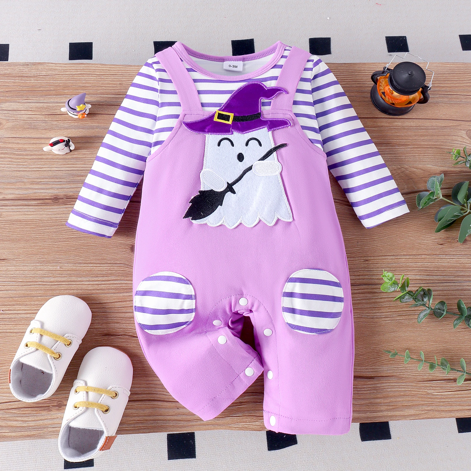 بذلة دمية هالوي مخططة بأكمام طويلة للأولاد والرضع ، مريحة ، رقبة مستديرة ، كاجوال ، خريفي ، بعمر 0-1 سنة