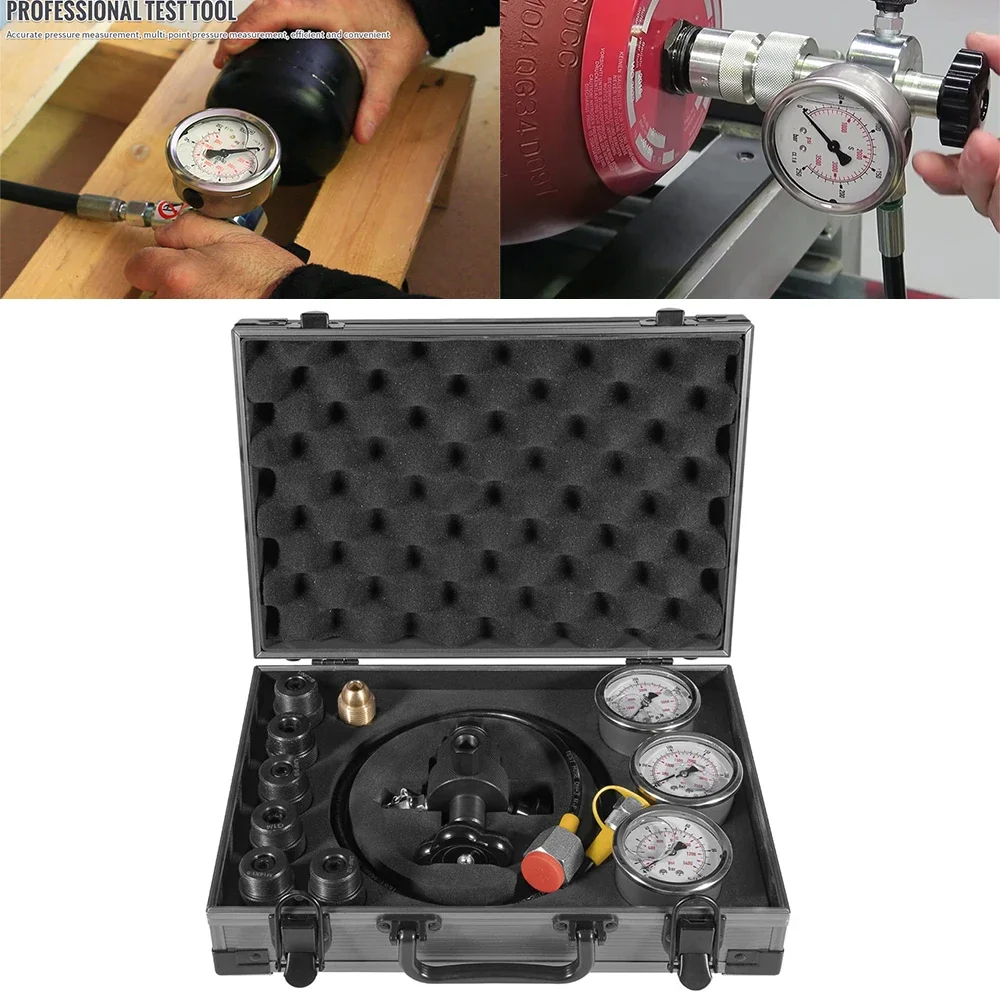 GK-01 Hydraulic Nitrogen Accumulator Nitrogen Pressure Test Kit Gas Charging Tool 3 Gauge 7 Adapter 1500/3600/6000 PSI Gauge Kit