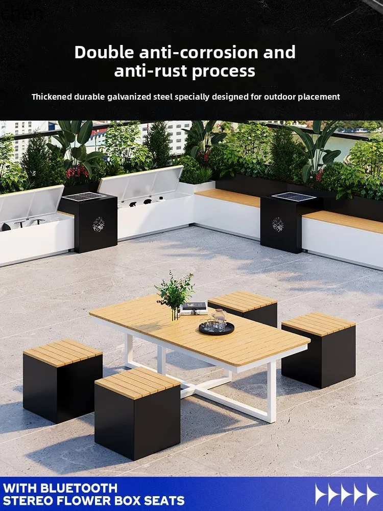 Outdoor Stainless Steel Flower Box Seat Combination Solar Wireless Phone Charging Terrace Plastic Wood