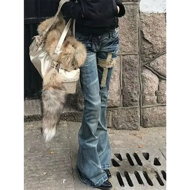 Spice Girl Slim Skinny Spicy Jeans Women's Summer American Vintage Double Pocket Cross Ripped Flared Pants