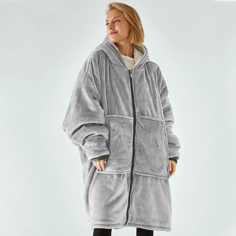 New Middle Long Flannel Blanket with Sleeves Winter Zipper Hoodies Sweatshirt Women Pocket TV Blanket Homewear Robe