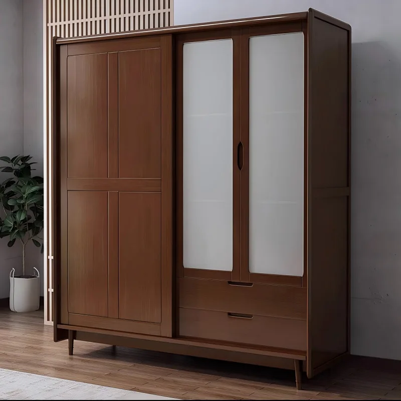 

Wooden wardrobe bedroom glass sliding door large wardrobe Nordic solid wood wardrobe modern simple home