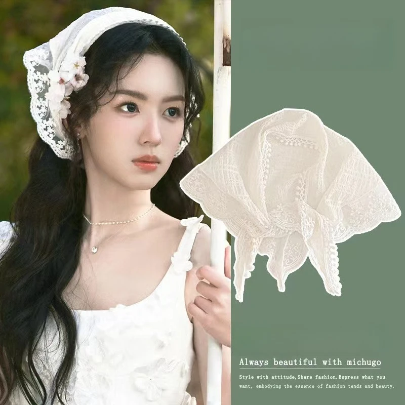 

Lace Triangle Head Scarf Floral Vintage Ribbon Ties for Women Summer Sweet Cute Countryside Style Lightweight Breathable Soft