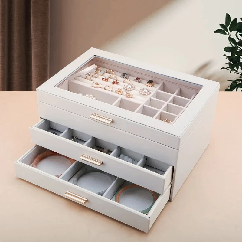 

PU Jewelry Storage Box Earring Ring Necklace Organizer Transparent Jewelry Display Box Jewelry Classification Holder Home