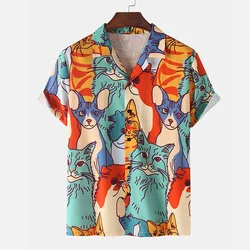 Fashion 3d Printed Cartoon Cat Hawaiian Shirt For Men Summer Vacation Button Down Lapel Shirts Cool Street Short Sleeve Blouse