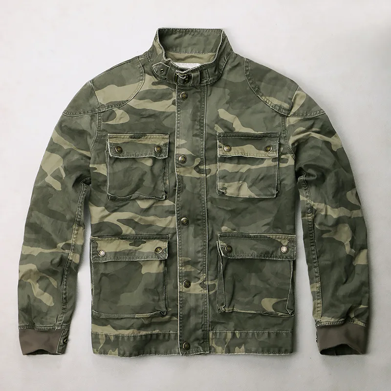 Men's Washed Cotton Camo Jacket Lightweight Military Workwear Outerwear with Zipper Front for Spring Fall